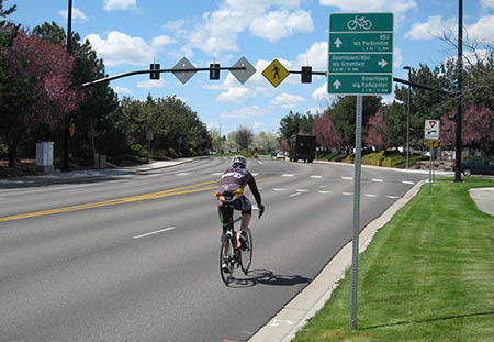 Photograph of man riding bike on roadway